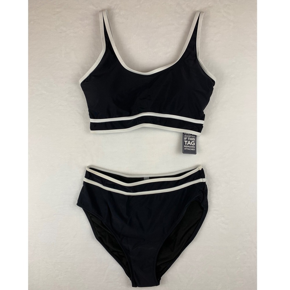NWT Black White High Waisted Bikini Set Scoop Neck Swimsuit Medium